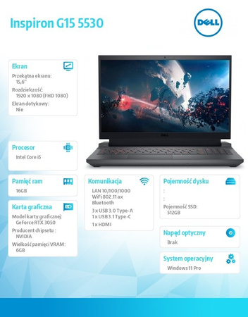 DELL NOTEBOOK INSPIRON G15 5530 I5-13450HX/16GB/512GB SSD/15.6 FHD 120HZ/GEFORCE RTX 3050/CAM & MIC/WLAN + BT/BACKLIT KB/3 CELL/W11PRO