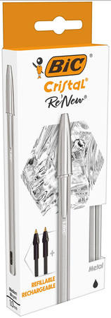 DŁUGOPIS BIC CRISTAL RE'NEW METAL 997201 CZARNY 1.0MM MATOWA SREBRNA OBUDOWA + 2 WKŁADY