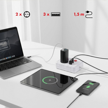 MACLEAN LISTWA ZASILAJĄCA 2 GNIAZDA MCE387 W 3XUSB, 110-240V AC 50/60HZ, 2.1A MAX 2500W, 1.5M, BIAŁA