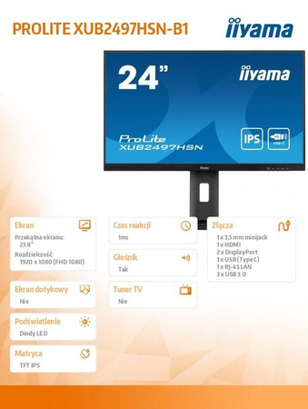 IIYAMA MONITOR 24 CALE XUB2497HSN-B1 IPS,USB-C DOCK,HDMI,DP