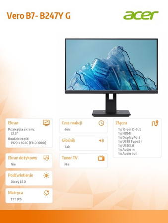 ACER MONITOR 24 CALE B247YGBMIPRZX  IPS FHD HDMI VGA DP