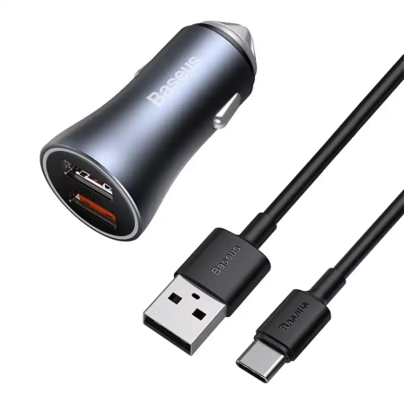Ładowarka samochodowa Baseus Golden Contactor Pro, 2x USB, 40W (szara) + kabel USB do USB-C 1m (czarny)