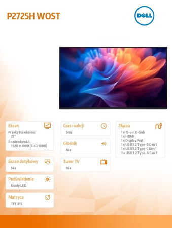 DELL MONITOR 27 CALI P2725HWO IPS LED FULLHD(1920X1080)/16:9/HDMI/DP/USB-C/ VGA/USB/BEZ PODSTAWY/3Y