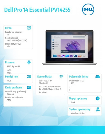 DELL LAPTOP DELL PRO 14 ESSENTIAL PV14255 W11P RYZEN AI 7 350|16GB|1TB|AMD RADEON|FGRPR|WLAN+BT|14.0 FHD+|BCKLKB|4C|65W|3YPS PLATINUM SILVER METAL