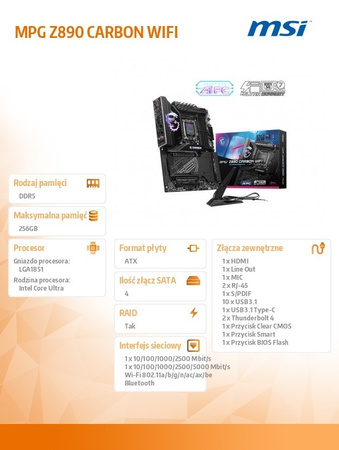 MSI PŁYTA GŁÓWNA MPG Z890 CARBON WIFI S1851 4DDR5 HDMI/DP ATX