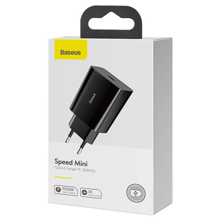 ŁADOWARKA SIECIOWA BASEUS SPEED MINI QUICK CHARGER, USB-C, PD, 3A, 20W (CZARNA)