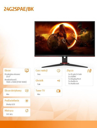 AOC MONITOR 24G2SPAE 23.8 CALA IPS 165HZ HDMIX2 DP GŁOŚNIKI