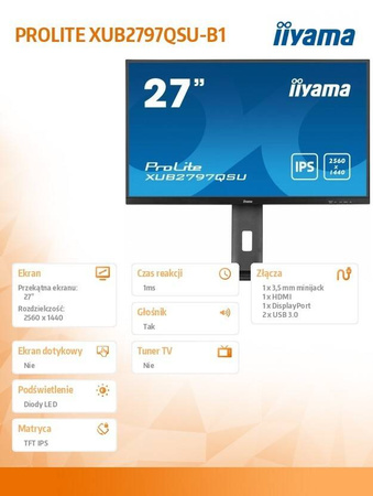 IIYAMA MONITOR 27 CALI XUB2797QSU-B1 IPS,HDMI,DP,100HZ,QHD,HAS(150MM),1MS, 2XUSB(3.2),2X2W,ADAPTIVE SYNC,FLICKERFREE