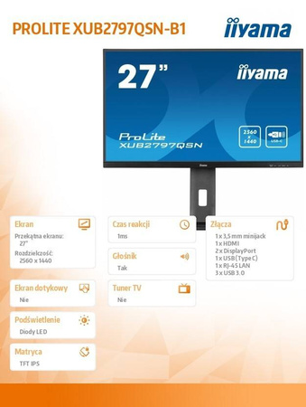 IIYAMA MONITOR 27 CALI XUB2797QSN-B1 IPS,QHD,USB-C DOCK,HDMI