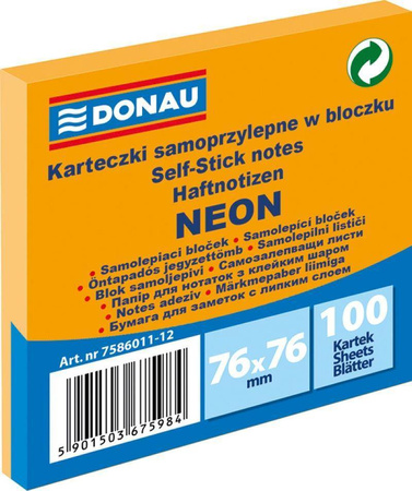 KARTECZKI SAMOPRZYLEPNE 76X76MM DONAU NEON POMARAŃCZOWE 100KART