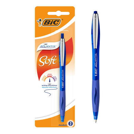 DŁUGOPIS AUTOMATYCZNY Z METALOWYM KLIPEM Z GUMOWYM UCHWYTEM BIC ATLANTIS SOFT 8031246 NIEBIESKI 1.0MM NIEBIESKA OBUDOWA 1SZT BLISTER