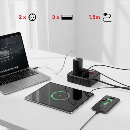 MACLEAN LISTWA ZASILAJĄCA MCE387 B 2 GNIAZDA 3XUSB, 110-240V AC 50/60HZ 2,1A MAX 2500W, 1,5M CZARNA