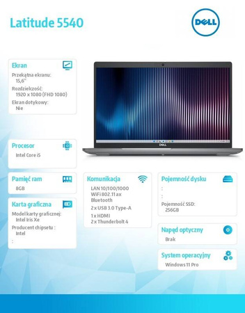 DELL NOTEBOOK LATITUDE 5540 WIN11PRO I5-1335U/8GB/256GB SSD/15.6 FHD/INTEGRATED/FGRPR & SMTCD/FHD/IR CAM/MIC/WLAN + BT/BACKLIT KB/3 CELL/3YPS