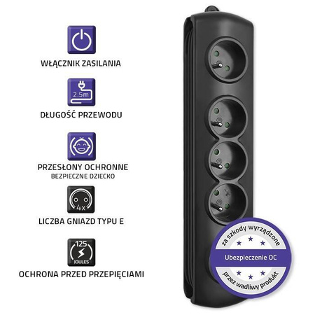 QOLTEC LISTWA ANTYPRZEPIĘCIOWA 4 GNIAZDA 2,5M