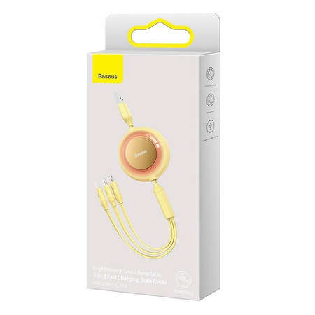 KABEL USB 3W1 BASEUS BRIGHT MIRROR 2, MICRO USB / LIGHTNING / USB-C, PŁASKI, 3.5A, 1.1M (ŻÓŁTY)