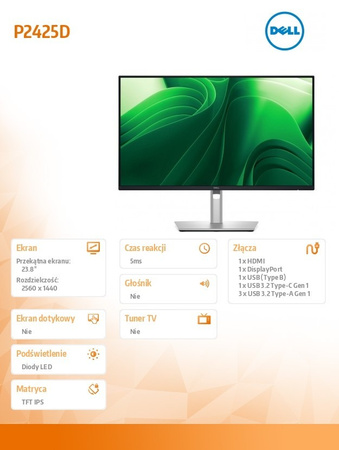 DELL MONITOR 23.8 CALA P2425D IPS LED QHD (2560X1440)/16:9/HDMI/DP/USB-C/3X USB/5Y AES&PPG