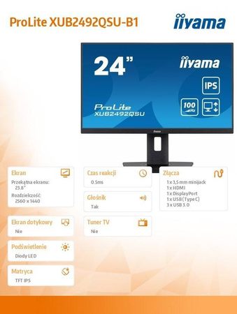 IIYAMA MONITOR 23.8 CALA PROLITE XUB2492QSU-B1 IPS,QHD,USB-C,100HZ,3XUSB(3.2),HDMI,DP 300CD/M2,FREESYNC,2X2W,HAS(150MM),PIVOT