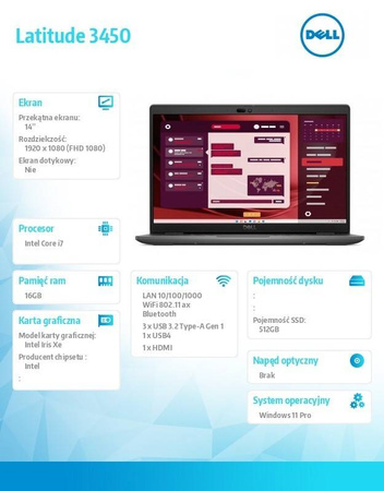 DELL NOTEBOOK LATITUDE 3450 WIN11PRO I7-1355U/16GB/512GB SSD GEN4/14.0 FHD/INTEGRATED/FGRPR/FHD/IR CAM/MIC/WLAN + BT/BACKLIT KB/3 CELL/3YPS