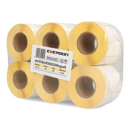 ETYKIETY SAMOPRZYLEPNE 58X60MM TERMICZNE W ROLCE EMERSON BIAŁE 6ROLEK*500SZT
