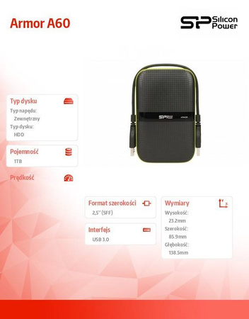 SILICON POWER ARMOR A60 1TB USB 3.0 BLACK-GREEN/PANCERNY WSTRZĄSO/PYŁO I WODOODPORNY