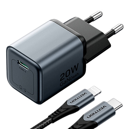 ŁADOWARKA GAN VENTION USB-C 20W + KABEL USB-C-L 1M (SZARA)