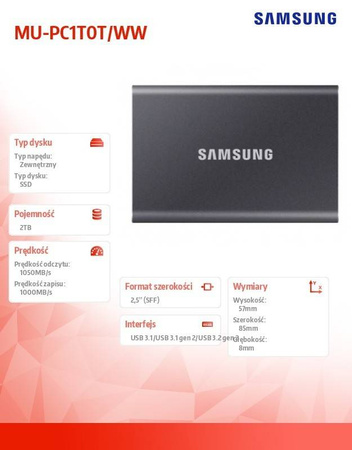 SAMSUNG DYSK PORTABLE T7 2TB USB3.2 GEN.2 SZARY