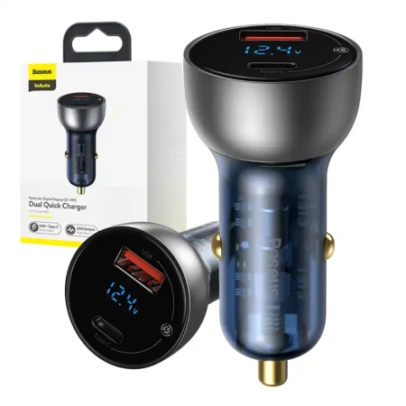 Ładowarka samochodowa Baseus Particular Digital Display z wyświetlaczem, USB + USB-C, QC3.0+PD, 5A, 65W (srebrna)