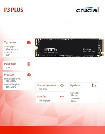 CRUCIAL DYSK SSD P3 PLUS 500GB M.2 NVME 2280 PCIE 3.0 4700/1900