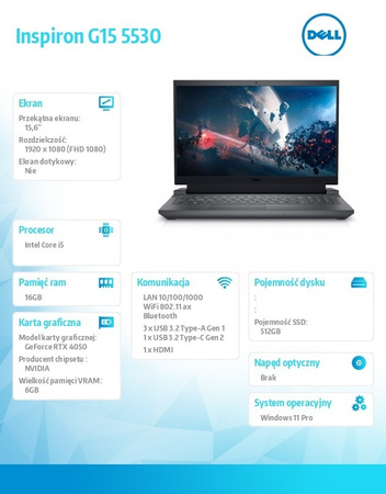 DELL NOTEBOOK G15 5530 WIN11PRO I5-13450HX/16GB/512GB SSD/15.6 FHD 165HZ/GEFORCE RTX 4050/CAM & MIC/WLAN + BT/BACKLIT KB/6 CELL/3Y BASIC ONSITE