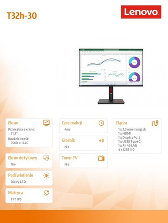LENOVO MONITOR 31,5 CALI THINKVISION T32H-30 63D3GAT1EU