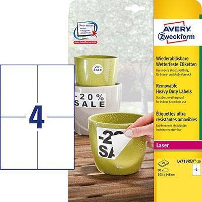 Etykiety zewnętrzne 105x148mm ochronne, zabezpieczające AVERY ZWECKFORM L4719-20 białe 20ark*4szt
