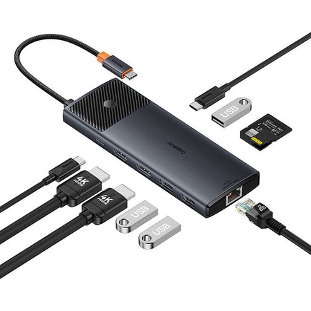 ADAPTER HUB 10W1 BASEUS USB-C - 2XHDMI, 3XUSB-A, USB-C, RJ45, SD/TF, PD (CZARNY)