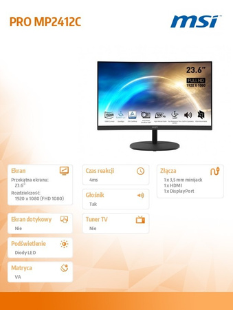 MSI MONITOR 23.6 CALA PRO MP2412C LED/FHD/CURVED/100HZ/CZARNY