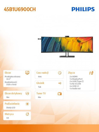 PHILIPS MONITOR 45 CALI 45B1U6900CH VA CURVED HDMIX2 DP USB-C HDR HAS KAMERA