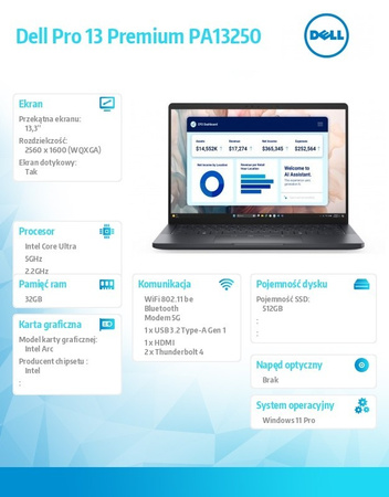 DELL LAPTOP DELL PRO 13 PREMIUM PA13250 W11P U7-268V/32GB/512GB SSD/13.3 QHD+ TOUCH/ARC/FGRPR/CAMS&MIC/5G WWAN+BT/BCKLKB/3C/VPRO/3YPS MAGNESIUM