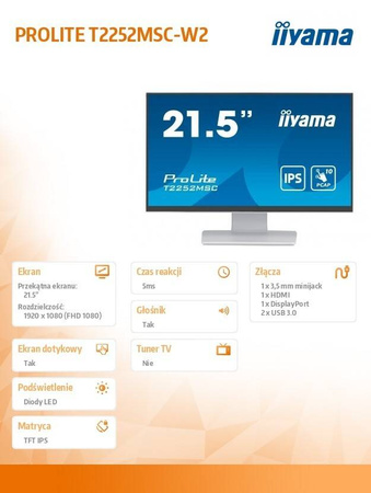 IIYAMA MONITOR 22 CALE T2252MSC-W2 10 PKT. POJ,IPS,HDMI,DP,2X1W,7H