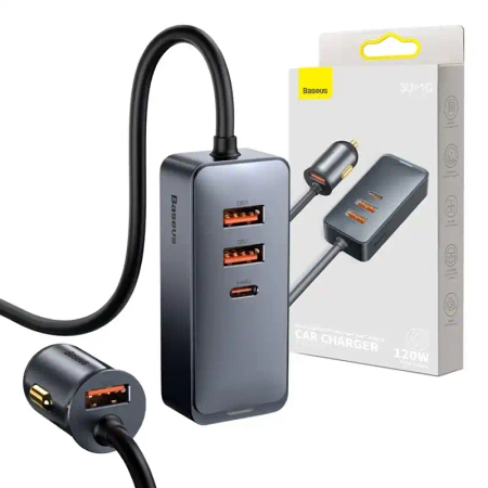 ŁADOWARKA SAMOCHODOWA BASEUS SHARE TOGETHER Z PRZEDŁUŻACZEM, 3X USB, USB-C, 120W (SZARA)