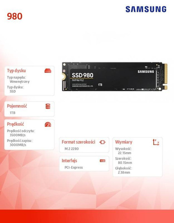 SAMSUNG DYSK SSD 980 1TB GEN3.0X4 NVMEMZ-V8V1T0BW