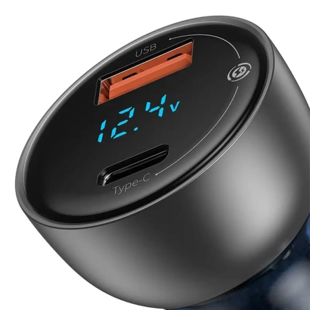 Ładowarka samochodowa Baseus Particular Digital Display z wyświetlaczem, USB + USB-C, QC3.0+PD, 5A, 65W (srebrna)