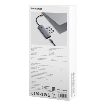 Hub Baseus UltraJoy Series Lite 4-Port (USB do USB 3.0*3+RJ45*1+USB-C 5V) (szary)