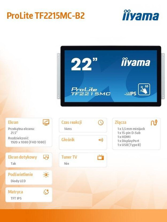 IIYAMA MONITOR 22 TF2215MC-B2 POJEMNOŚCIOWY 10PKT PIANKA IPS DP HDMI