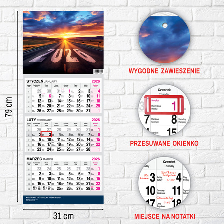 KALENDARZ WISZĄCY TRÓJDZIELNY O-PRESS ROK 2026 DROGA