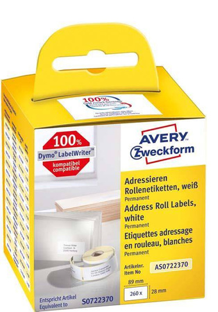Etykiety samoprzylepne 28x89mm do adresowania AVERY ZWECKFORM trwałe, w rolce do druk. term. AS0722370 białe 260 szt