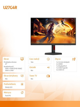 AOC Monitor 27 cali U27G4R Fast IPS 4K 160Hz HDMI DP Pivot