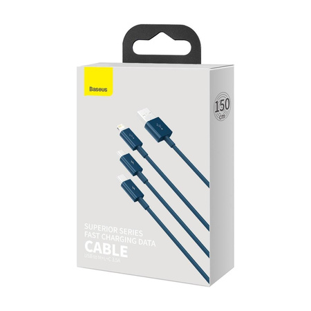 KABEL USB 3W1 BASEUS SUPERIOR SERIES, USB DO MICRO USB / USB-C / LIGHTNING, 3.5A, 1.5M (NIEBIESKI)
