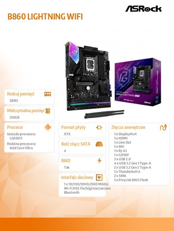 ASROCK PŁYTA GŁÓWNA B860 LIGHTNING WIFI S1851 4DDR5 ATX