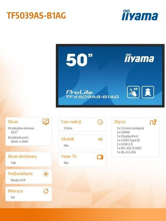 IIYAMA MONITOR 50 CALI TF5039AS-B1AG, VA,4K,HDMIX2,DP,RJ45,3XUSB,2X10W, ANDROID,24/7,IP65