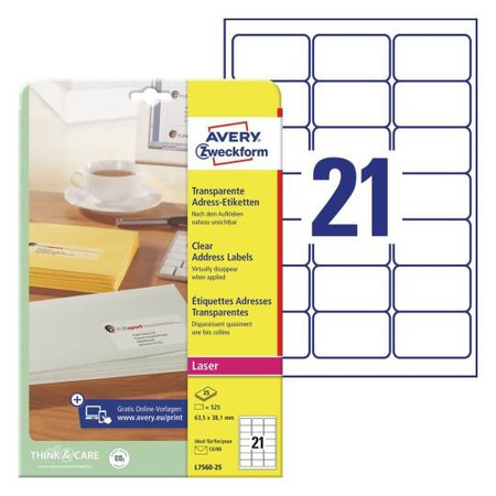 ETYKIETY SAMOPRZYLEPNE 63.5X38X1MM DO ADRESOWANIA AVERY ZWECKFORM L7560-25 PRZEZROCZYSTE 25ARK*21SZT