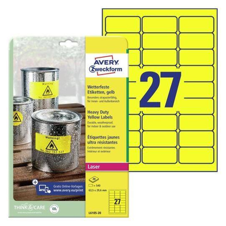 ETYKIETY SAMOPRZYLEPNE 63.5X29.6MM AVERY ZWECKFORM POLIESTROWE L6105-20 ŻÓŁTE 20ARK*27SZT
