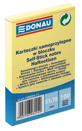 KARTECZKI SAMOPRZYLEPNE 51X76MM DONAU JASNO ŻÓŁTE 100KART